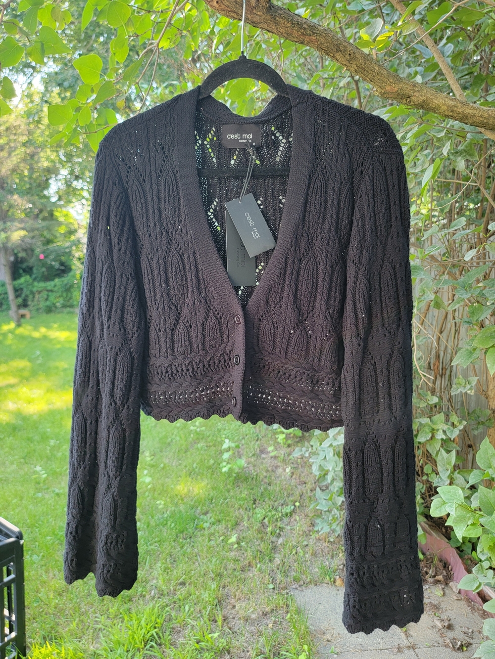NWT Black Open-Knit Cropped Cardigan Sweater 100% Cotton Knit